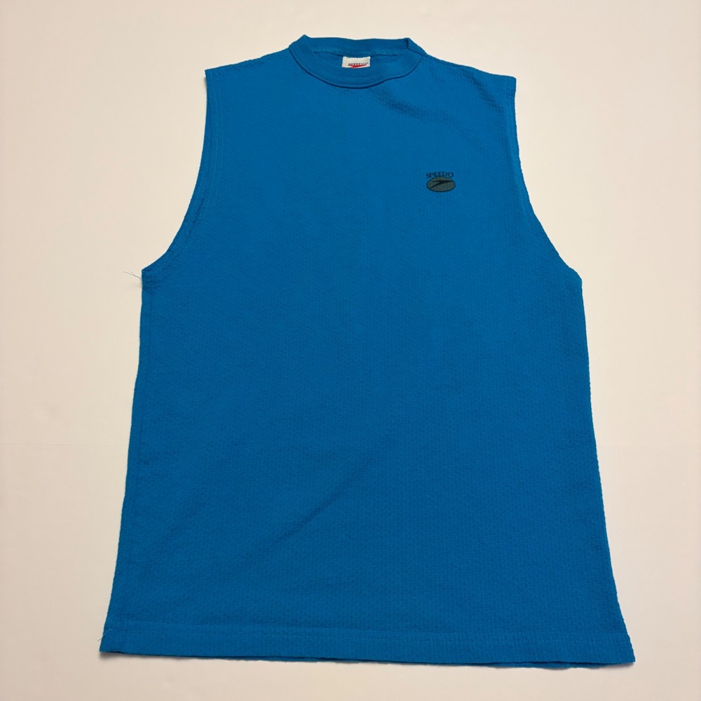Speedo Sleeveless Shirt Mens Medium Blue Vintage Mock Neck Cotton Mesh USA Made